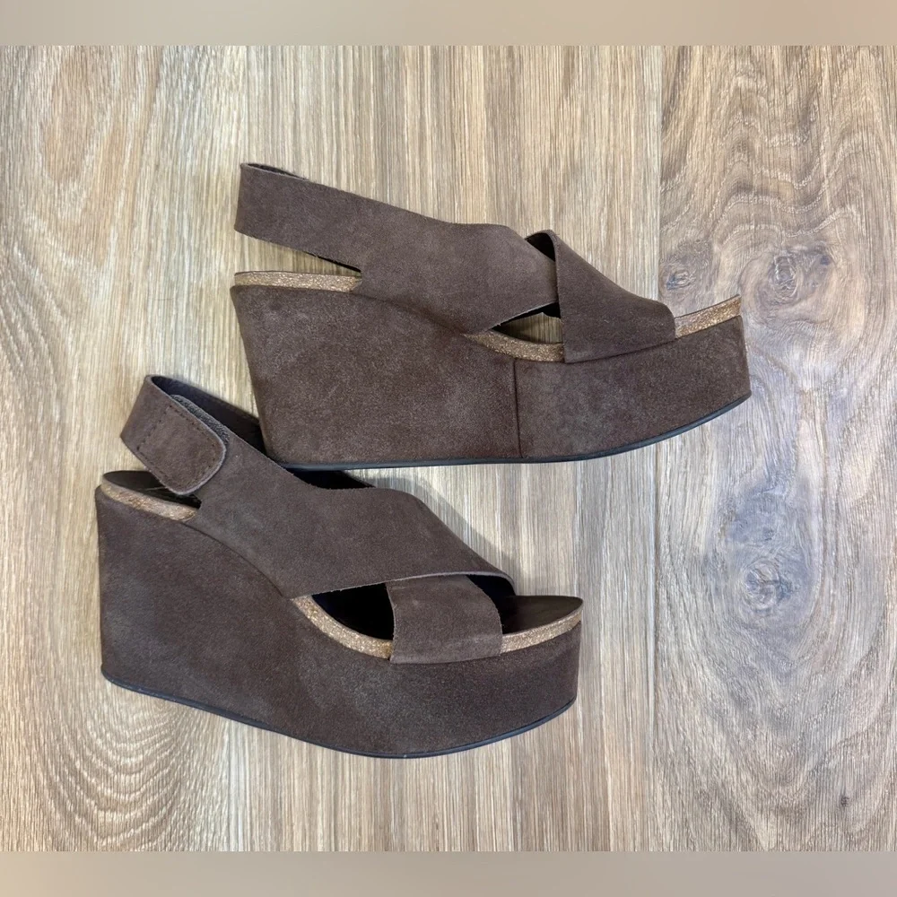 Pedro Garcia Brown Suede Platform Wedge Sandals Size 6.5B